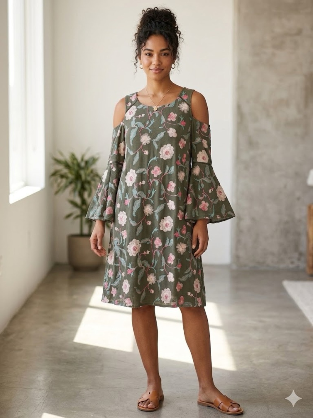 Luxology Embroidered Cold-Shoulder Olive Floral Dress with 3/4 flared sleeves